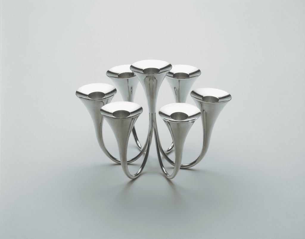 Candelabrum by Skoogfors, 1957. Silver; heigh 5 7/8, width 8 1/2 inches. Philadelphia Museum of Art, gift of Judy Skoogfors.