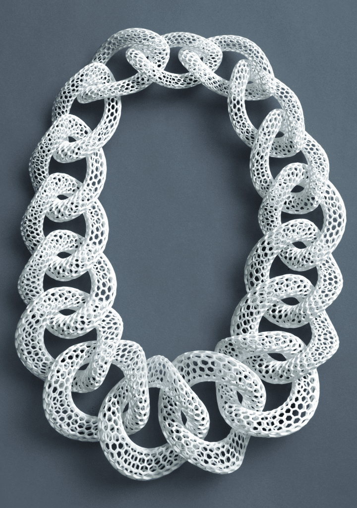 Islet/White neckpiece by Bucci, 2012. Selective laser sintering (glass-filled nylon) and silver; length 20 inches. Philadelphia Museum of Art, purchased with funds contributed by the Young Friends of the Philadelphia Museum of Art.