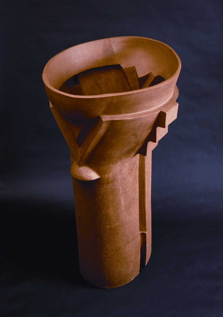 Oval Chamber by Daley, 1986. Slab-constructed and oxidation-fired stoneware; height 40 ⅜, width 23 ⅜, depth 20 ½ inches. Smithsonian American Art Museum, Washington, D. C., gift of the James Renwick Alliance and museum purchase through the Smithsonian Institution Collections Acquisition Program. 