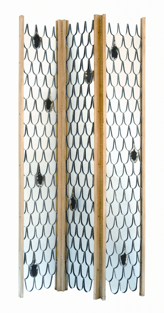 Screen by Powell and Paul R. Evans (1931-1987), c. 1955. Walnut, metal, silver and gold leaf; height 95 ¼, overall width 43 ½ inches. Courtesy of Todd Merrill Antiques.