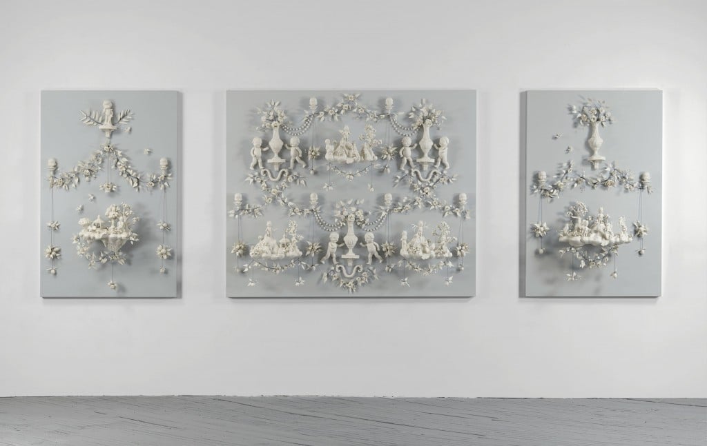 “Girls At War”, porcelain & wire mounted on painted wood panels, by Beth Katleman, USA, 2013