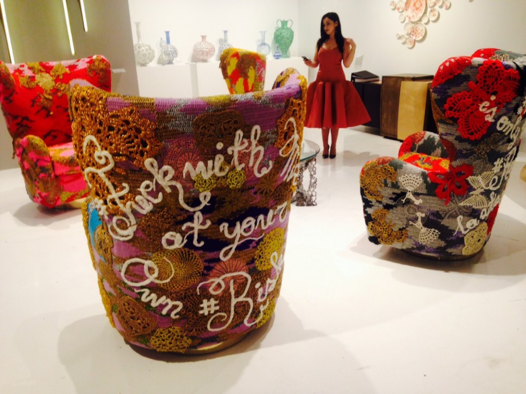 Crochet chairs by Olek at Todd Merrill Contemporary. Photo: Cait Munro