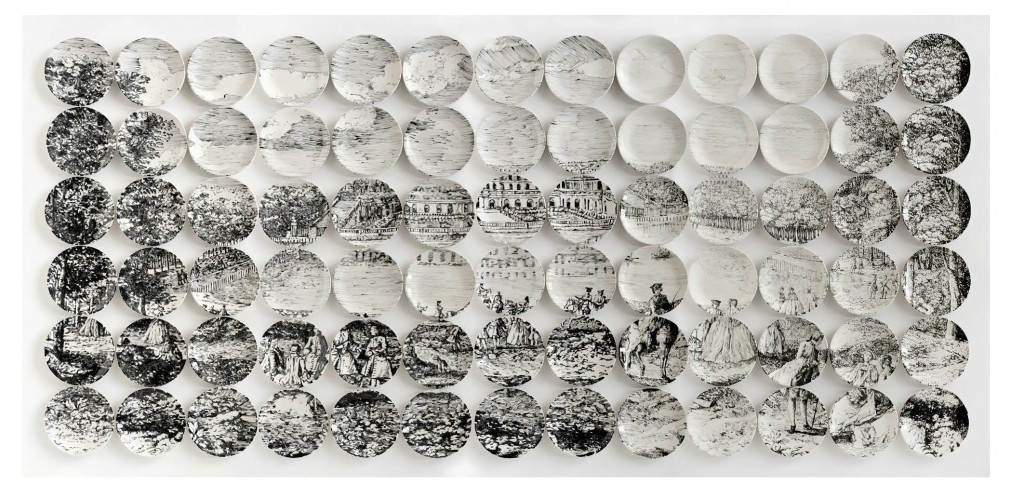 Molly Hatch Versailles Orangerie: After Rigaud, 2014, 78 Hand-thrown and hand-painted porcelain plates, 60 x 130 x 1.5 inches / 152 x 330 x 4 cm.