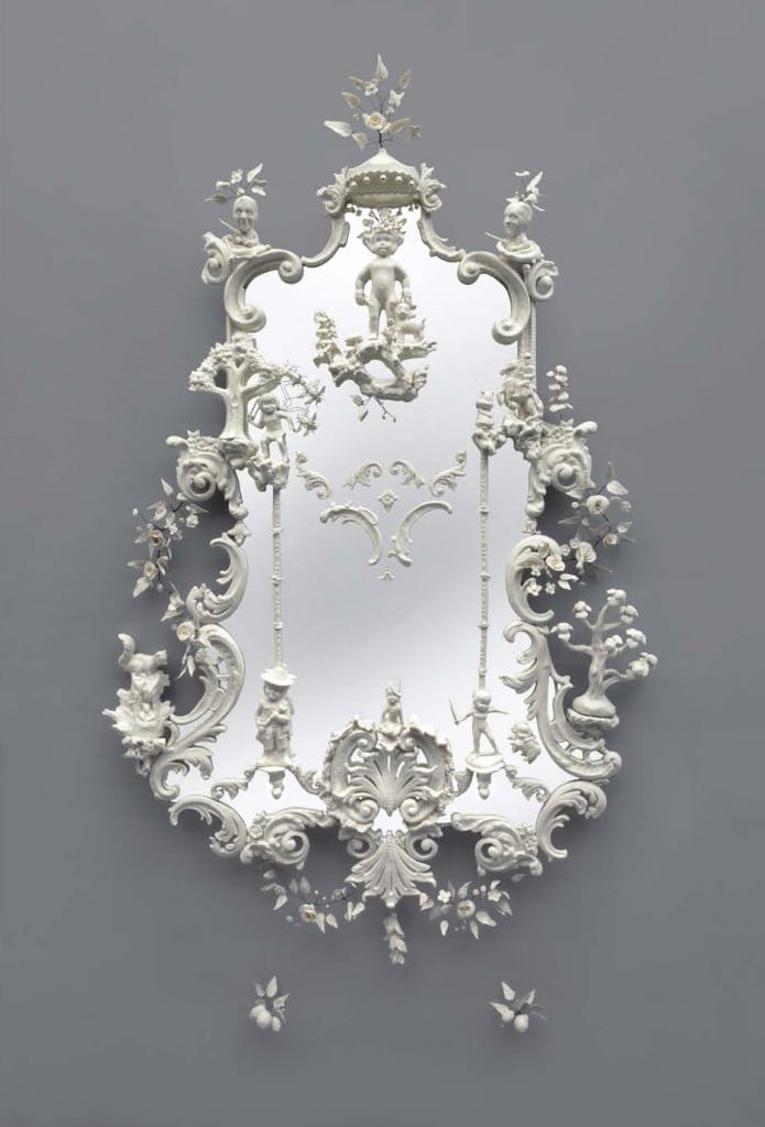 Beth Katleman, The Enchanted Hunters: Wood Nymph, 2015, Porcelain, wire, mirror, 63 x 36 x 6 inches / 160 x 91 x 15 cm